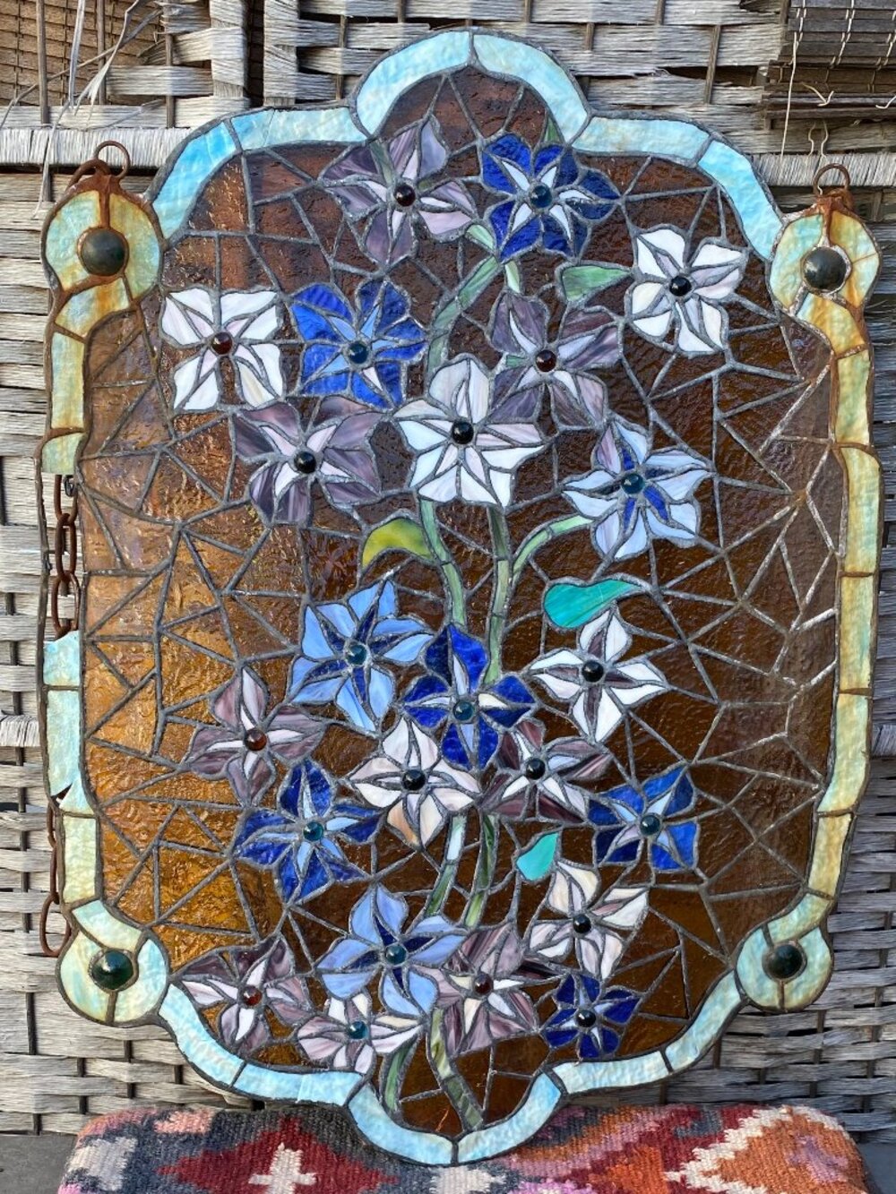 Antique Stained Glass Leaded Panel Victorian Salvage Mosaic Periwinkle Flowers - Picture 2 of 14